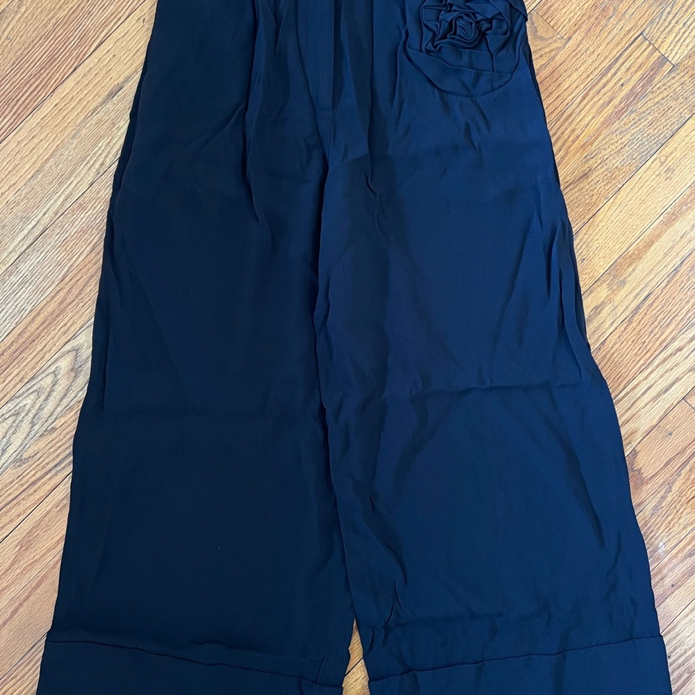 Black Wide-Leg Pants with Floral Detail
